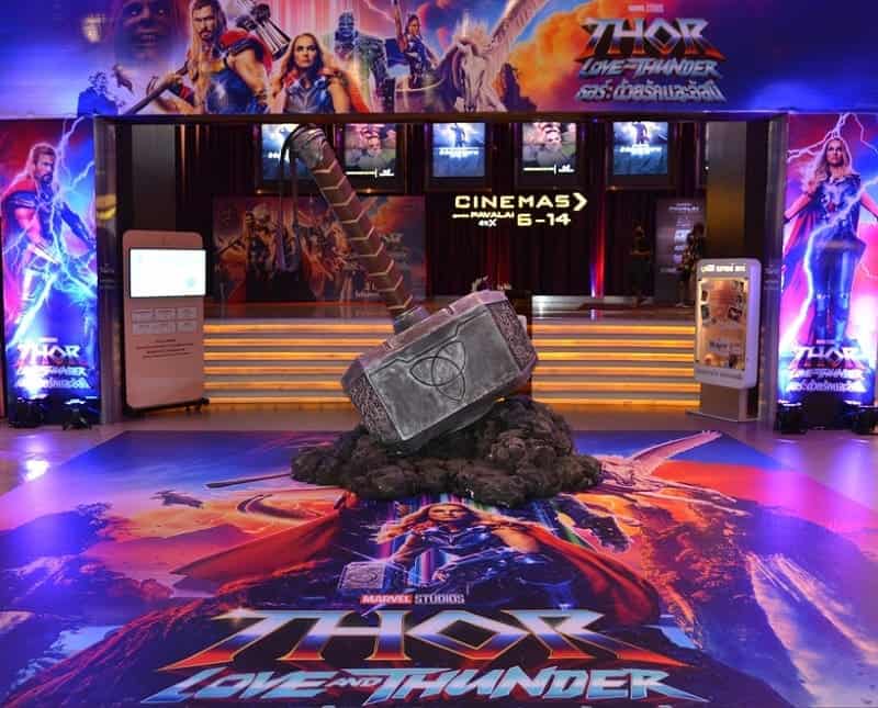 Thor hammer displayed in Marvel backdrop premiere film