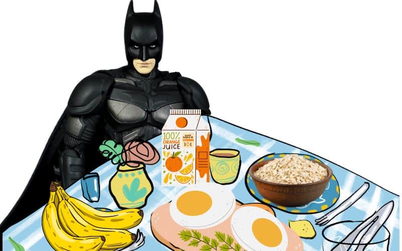 Batman breakfast banana, orange juice, boiled eggs and oatmeal