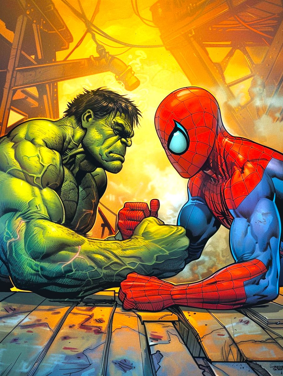 Spider-Man and Hulk are arm-wrestling