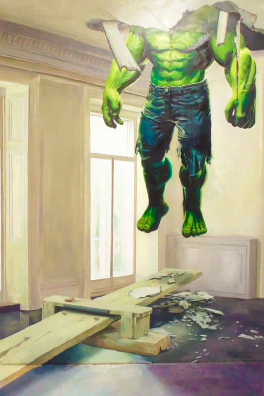 the Hulk jumping through the ceiling