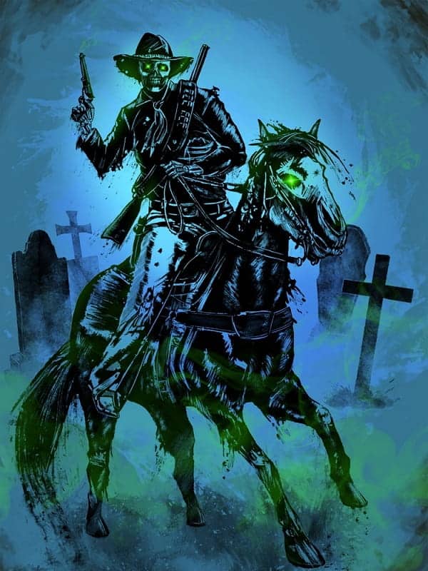 Ghost Rider riding a horse back from a cemetery