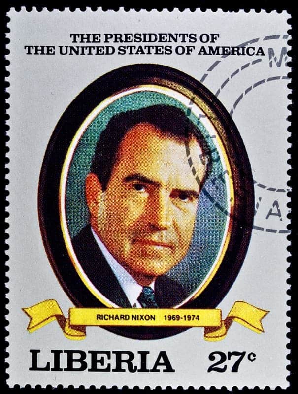 A stamp printed in Liberia shows President Richard Nixon, circa 2000s