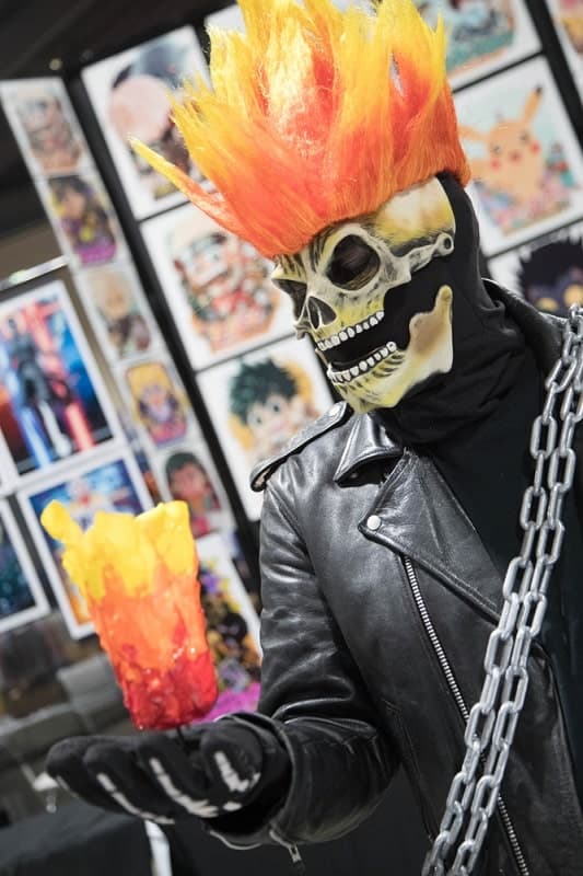 Comic fan cosplays as Ghost Rider at the Long Beach Comic Expo