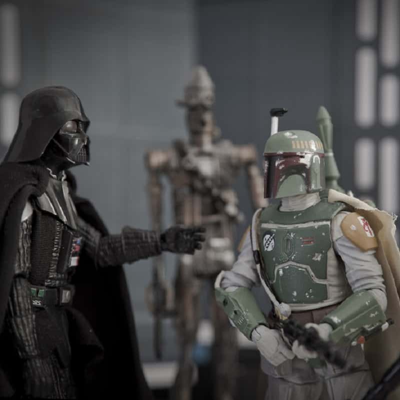 a scene from Star Wars The Empire Strikes Back where Darth Vader instructs bounty hunter Boba Fett that he wants Han Solo alive with No Disintegrations