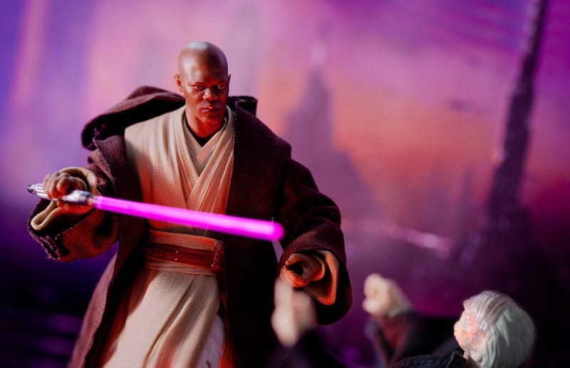 a scene from Star Wars The Phantom Menace, where Jedi Master Mace Windu confronts senator Palpatine