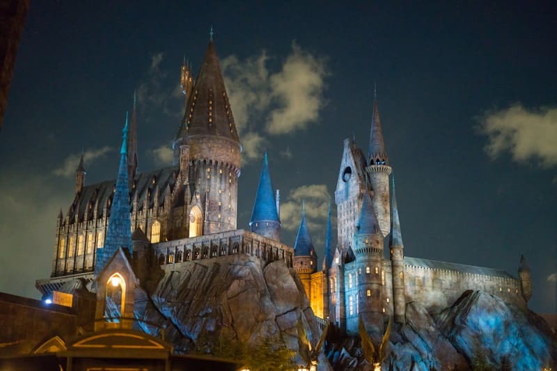 Hogwarts castle from Harry Potter movies close up at night