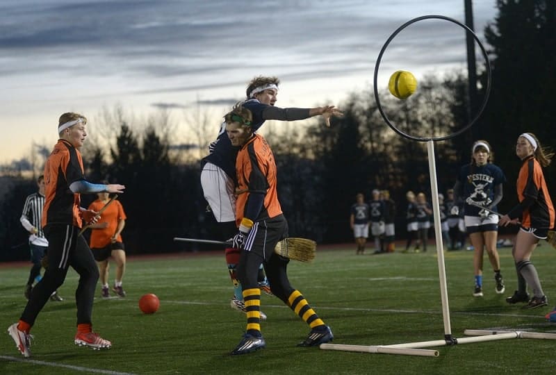 University teams play quidditch, the game of Harry Potter books fame, at Simon Fraser University in Burnaby, BC, Canada