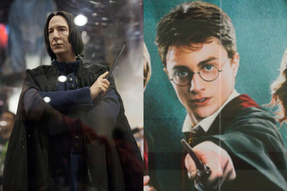 Snape statue and Harry Potter in banner