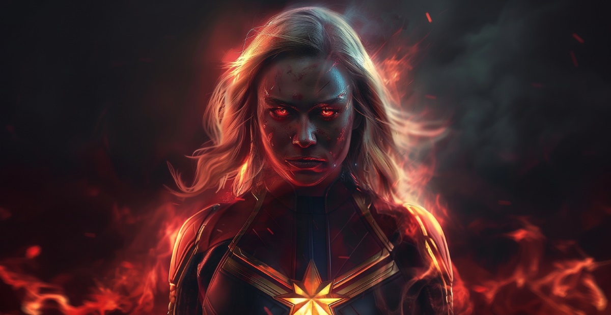 Captain Marvel with a cruel face and evil eyes