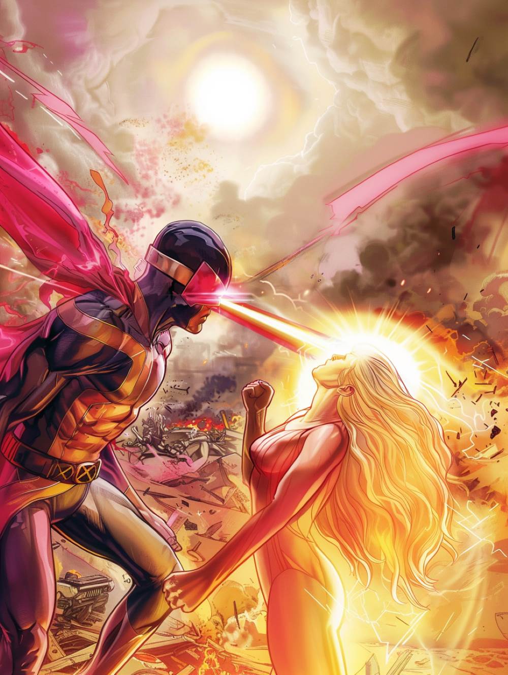 Cyclops is emiting his ruby beams toward Captain Marvel