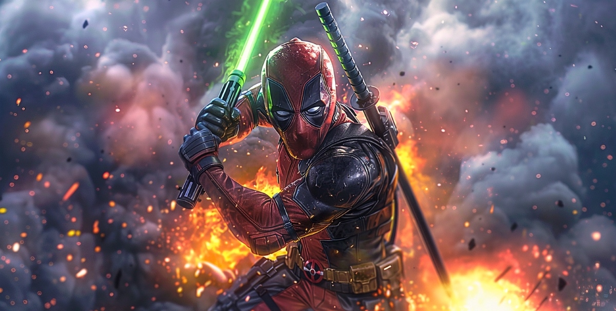 Deadpool is charging with his green lightsaber