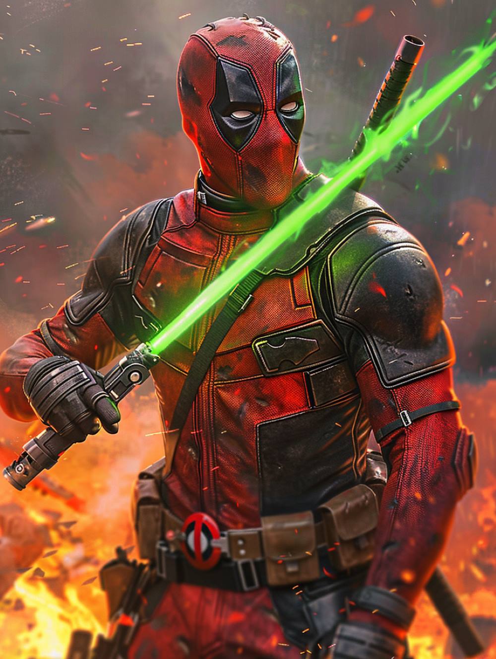 Deadpool is showing his green lightsaber