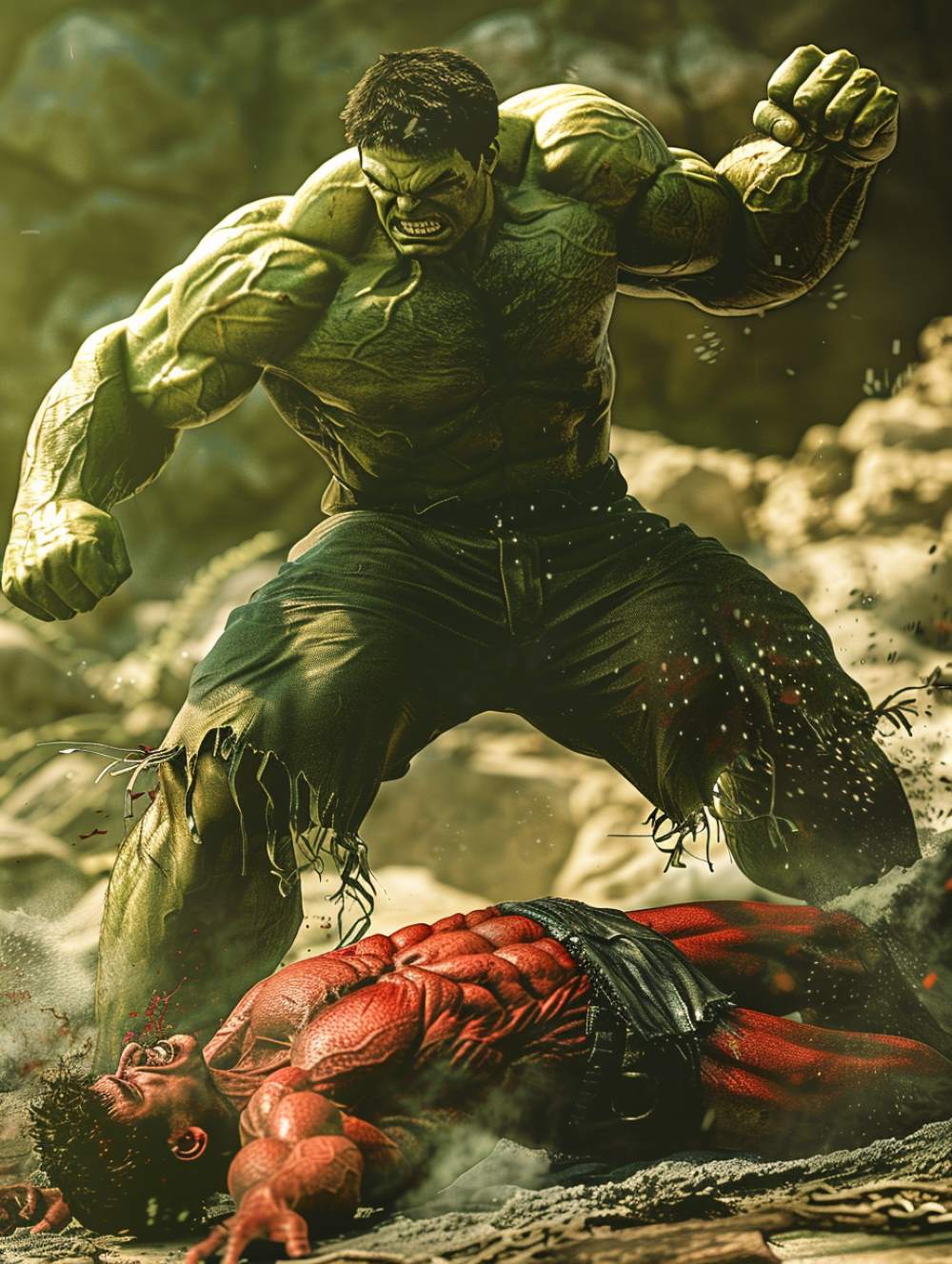 Green Hulk standstill while Red Hulk lying down