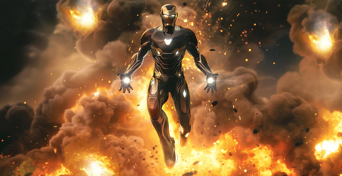 Iron Man is flying with his Anti-Adamantium Suit