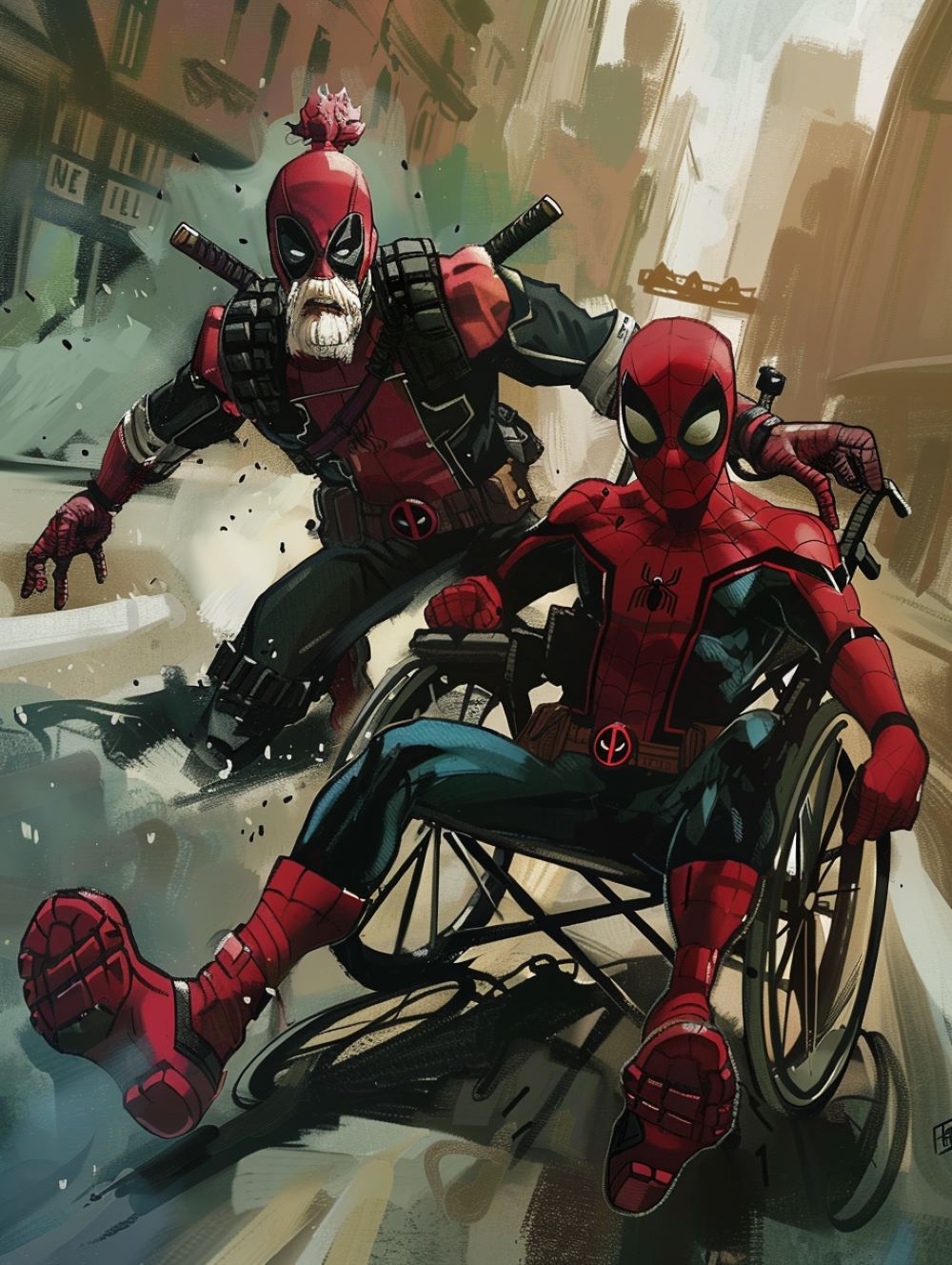 Spider-Man sits in a wheelchair while running with an old Deadpool