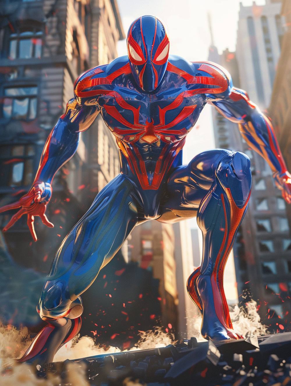 Spider-man 2099 in an impressive pose with an explosion background