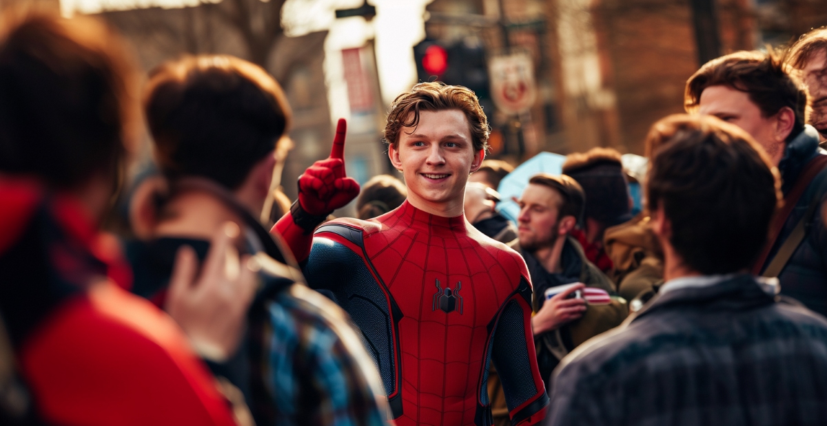 Spider-man Tom Holland is revealing his face in front of several people on a city square