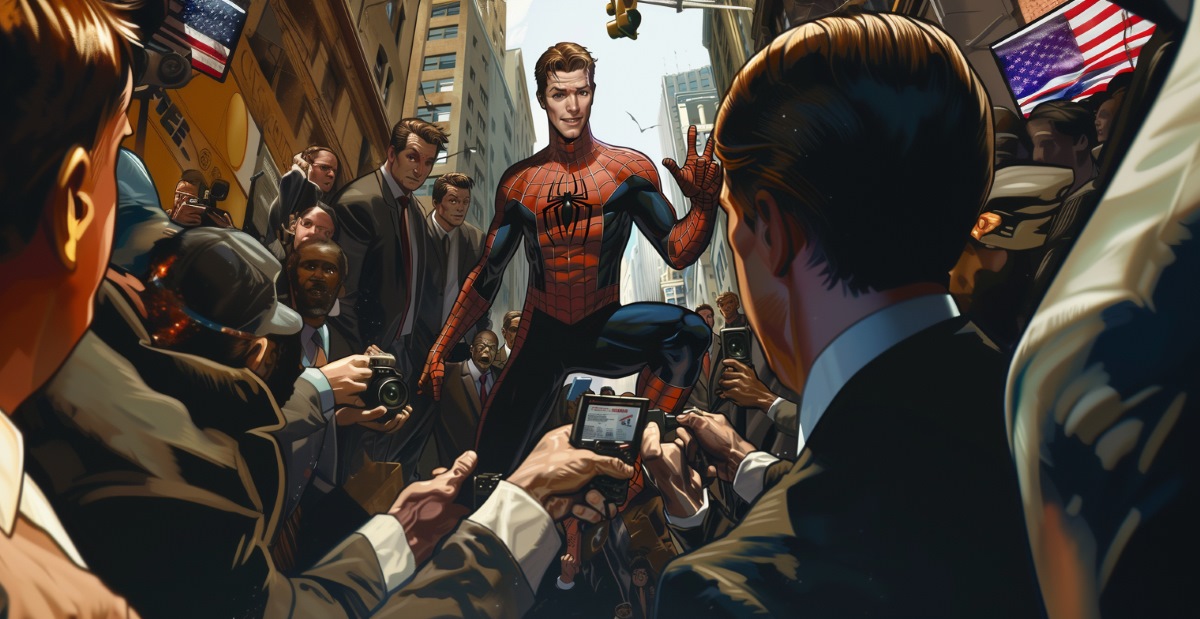 Spider-man reveals his face on a crowded street