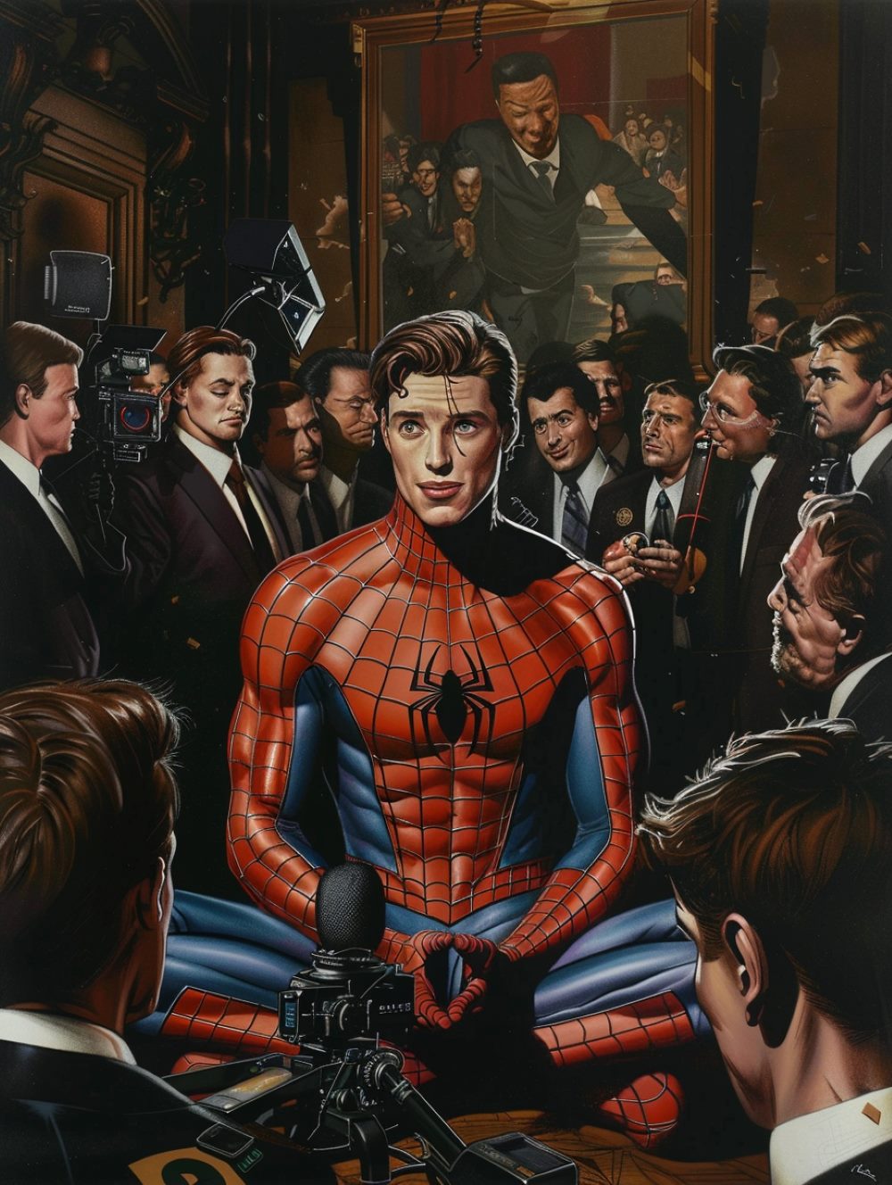 Spider-man sitting in a conference hall and revealing his face