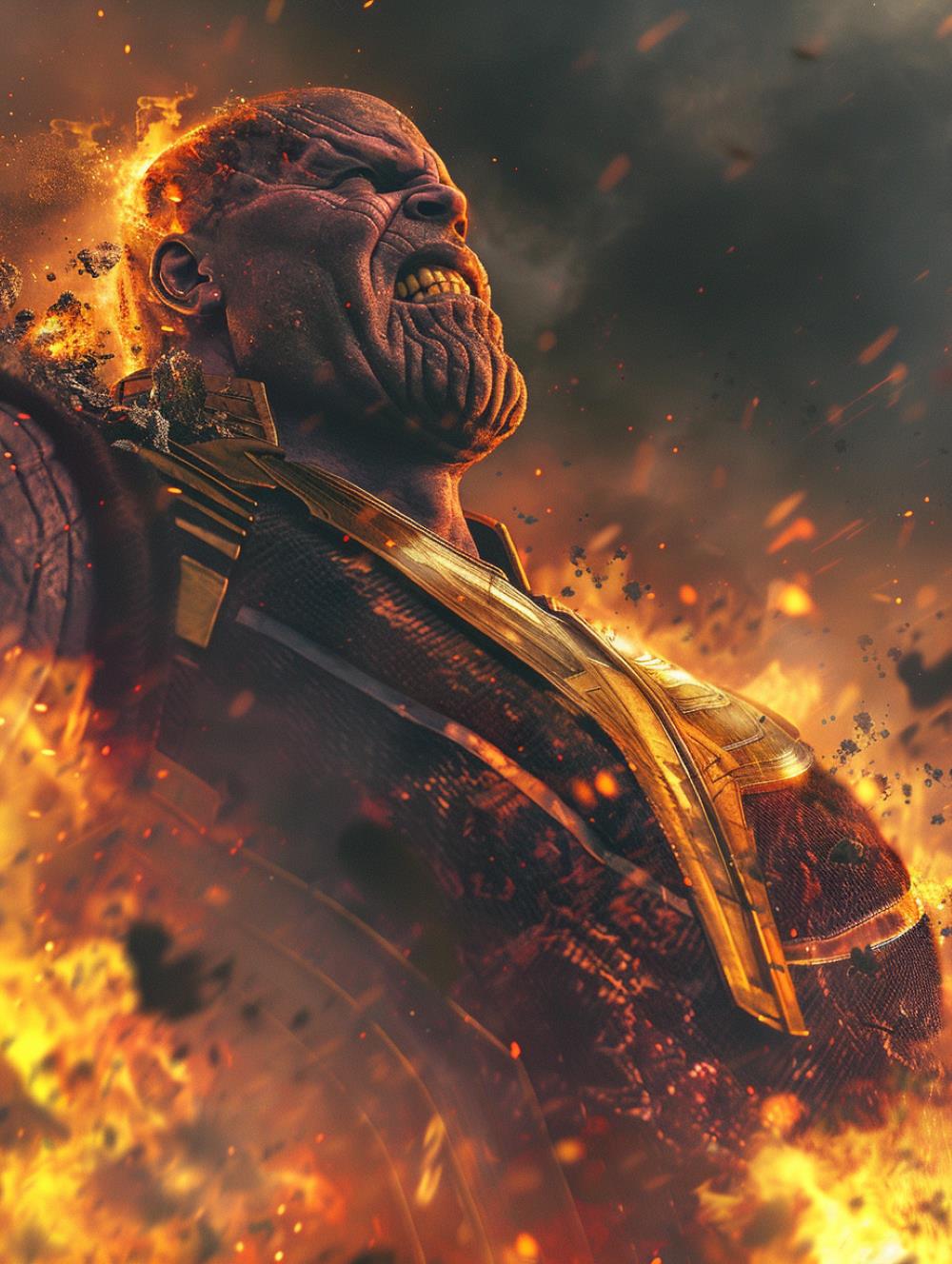 Thanos is being burned with a painful face