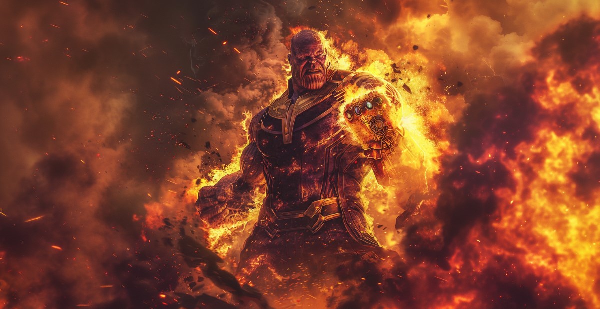 Thanos is burning while using the Infinity Gauntlet