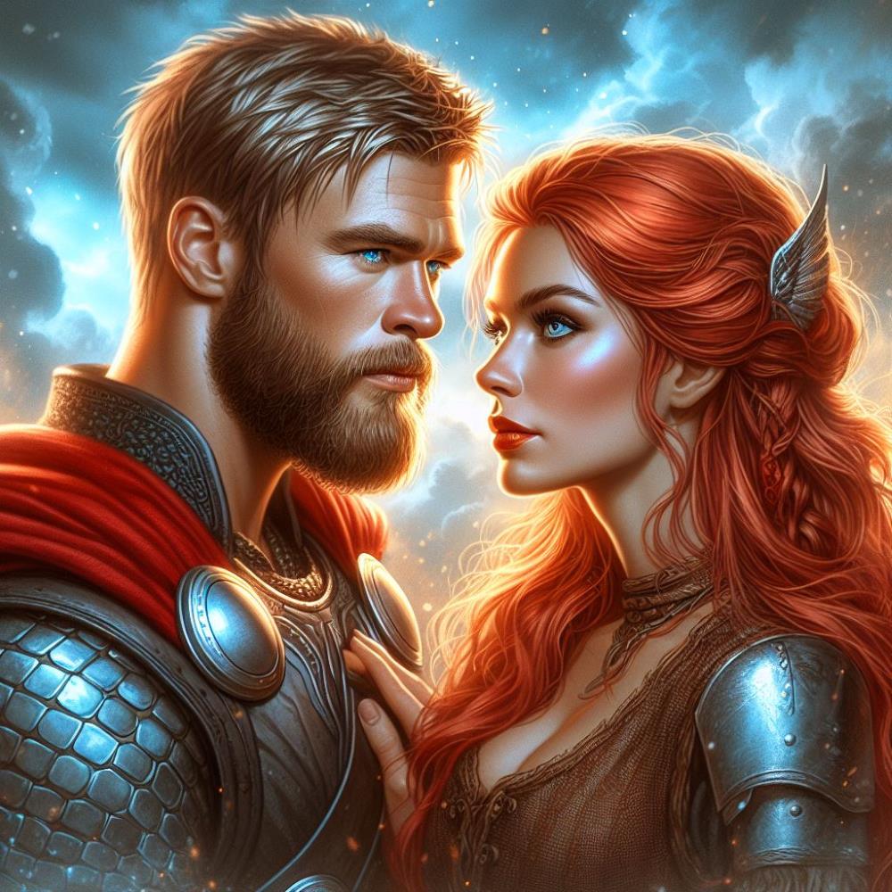 Thor and a red-hair woman stand to each other