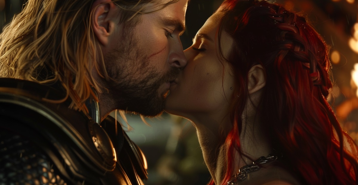 Thor is kissing a red-hair woman