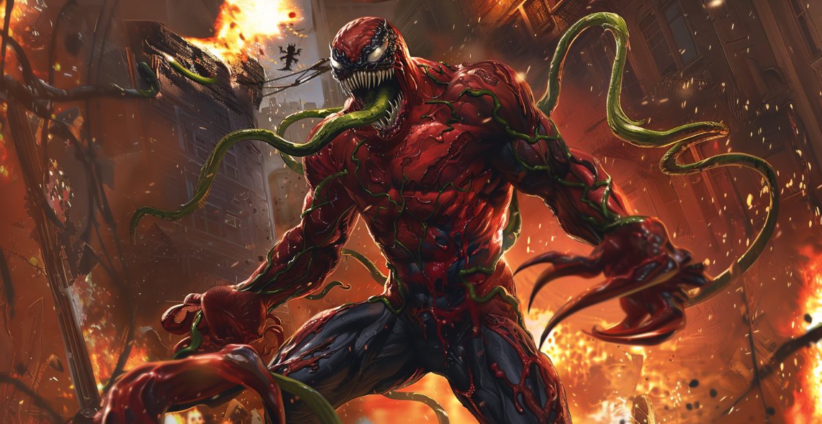 Toxin symbiote is standing in front of a firing and explosion background