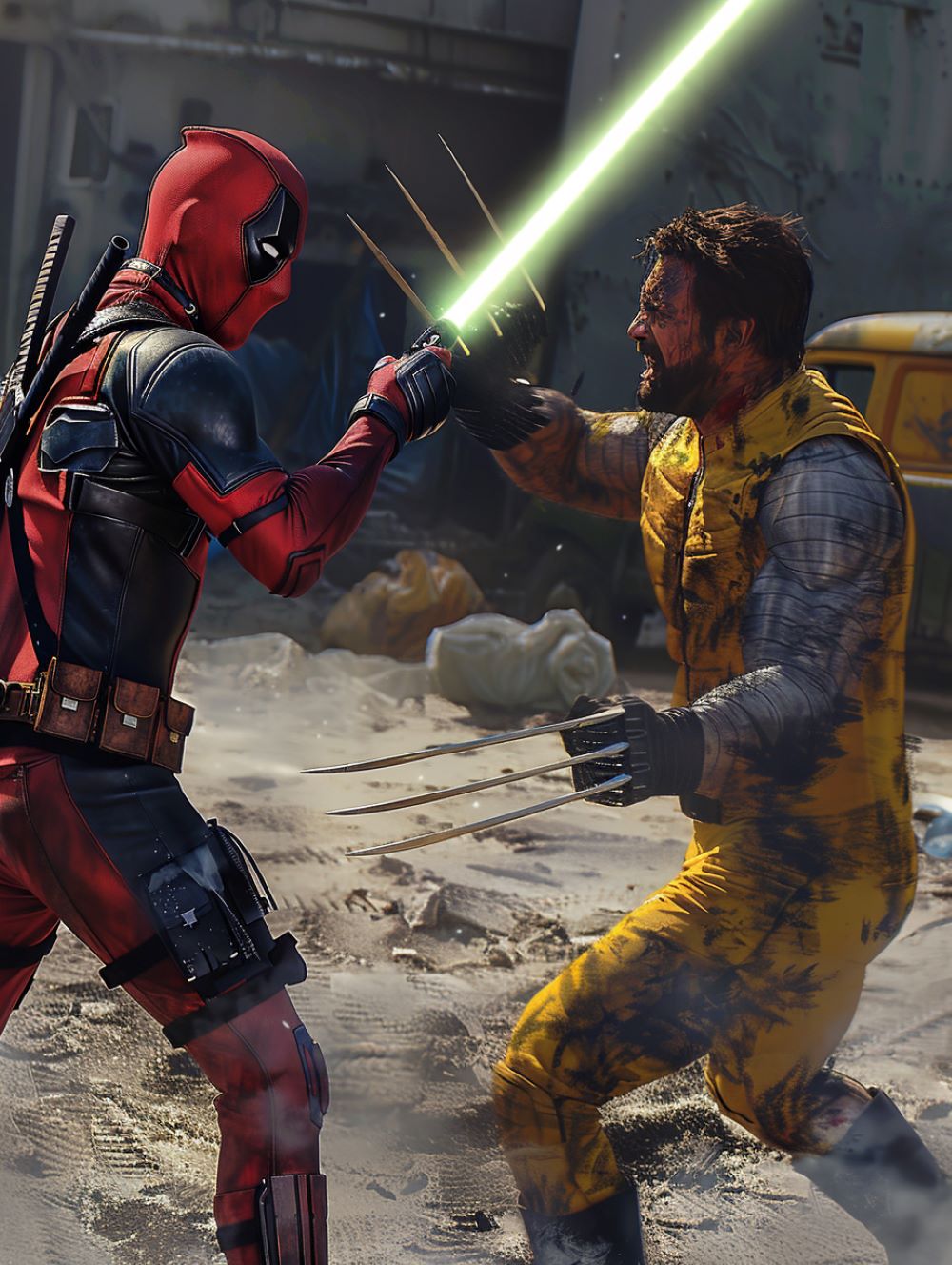 a Deadpool welding a green lightsaber and attack Wolverine