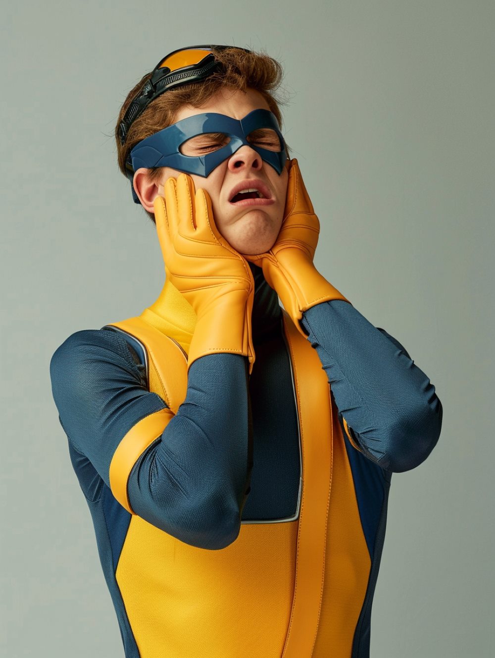 a boy wearing an X-men costume and closing his eyes in disappointment, while his hands hold his chin