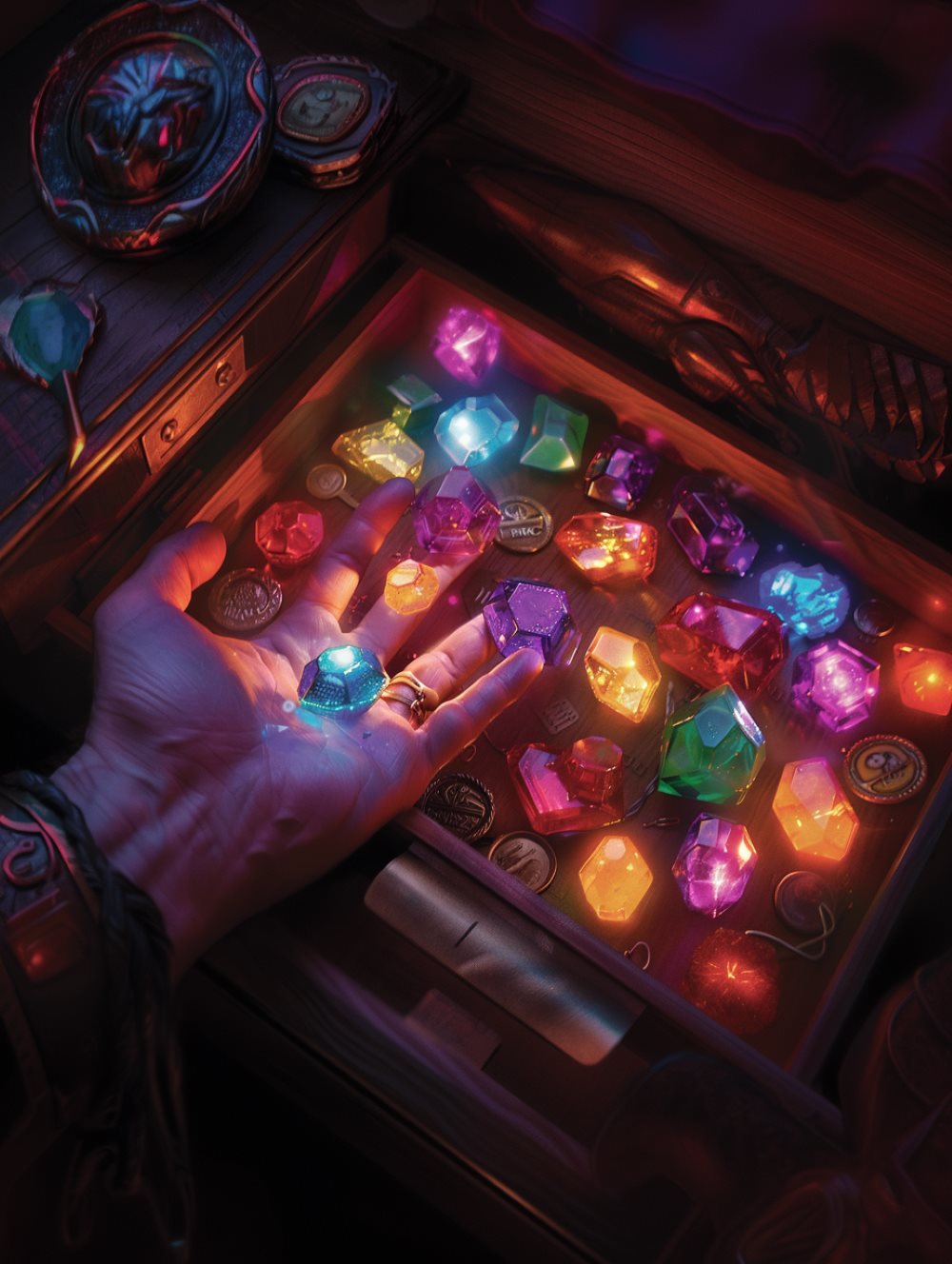 a hand beside several Infinity Stones on a table