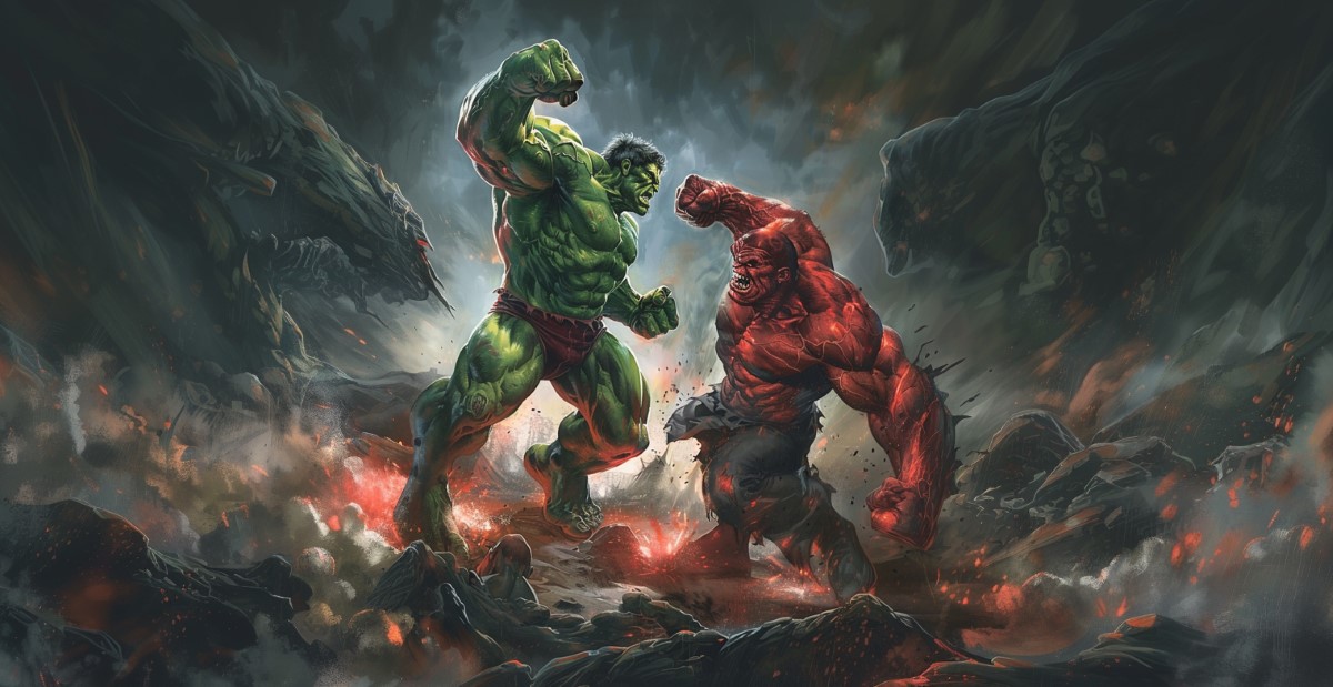 an epic showdown battle between Green Hulk and Red Hulk