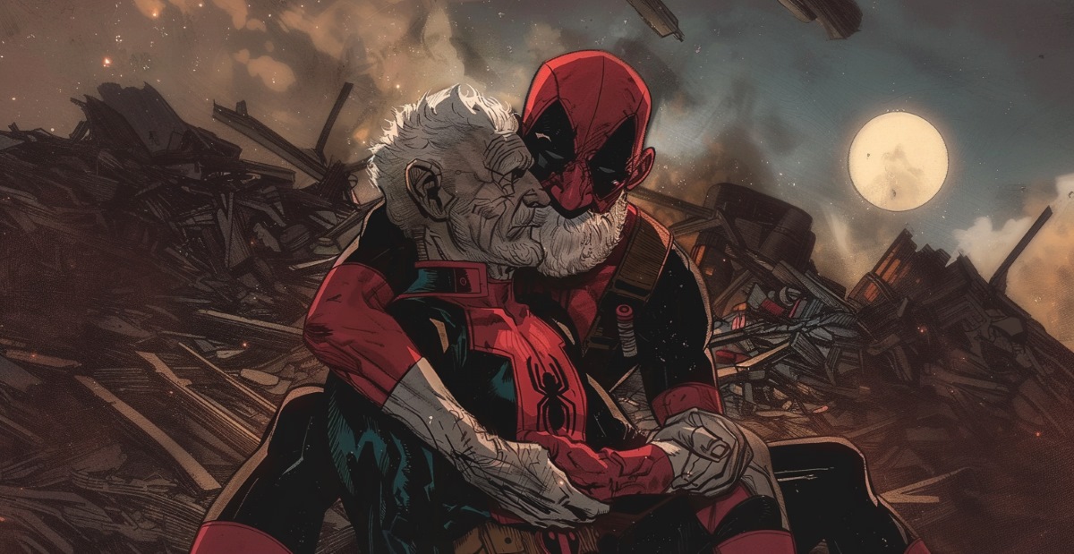 an old Deadpool is holding a dying Spider-man