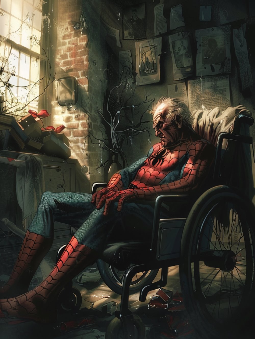 an old Spider-man sitting in a wheelchair and looking sadly