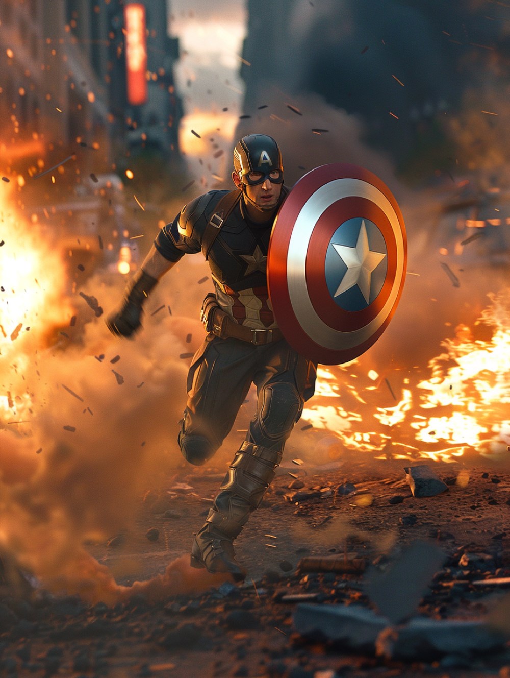 Captain America is running while guarding with his shield