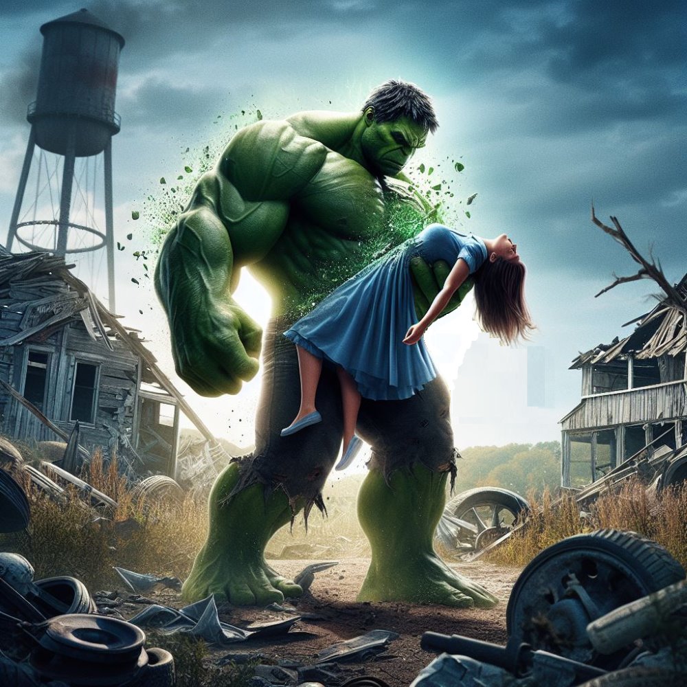 Hulk is holding a girl dressing in a blue dress
