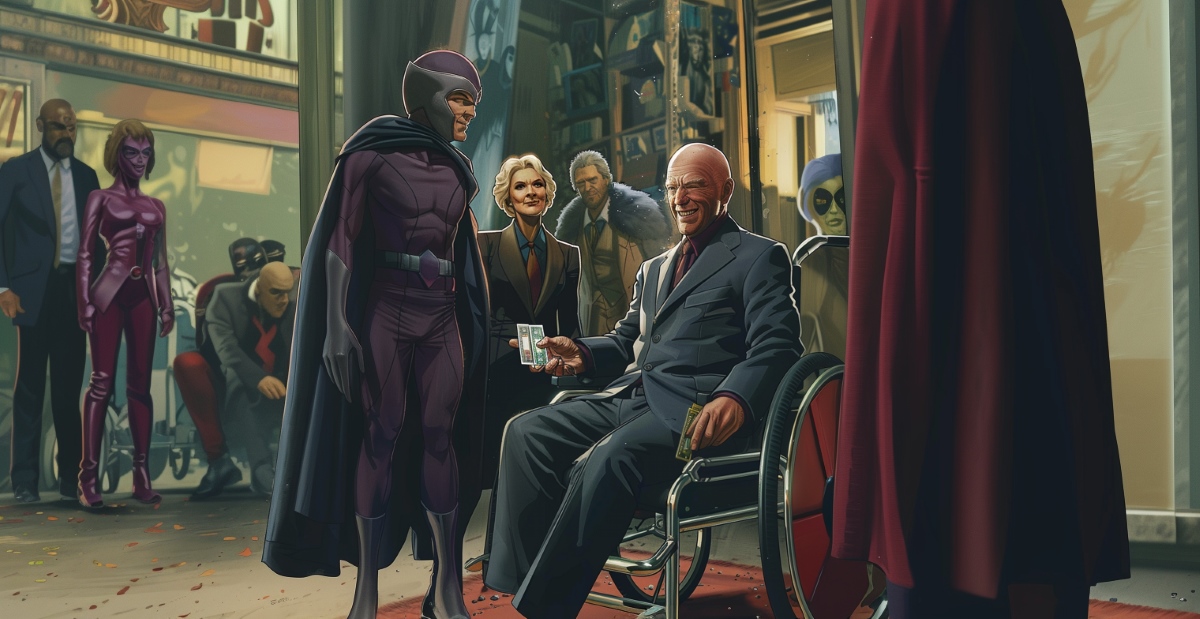 Professor X is holding money and a credit card in his hand, while next to several other mutants