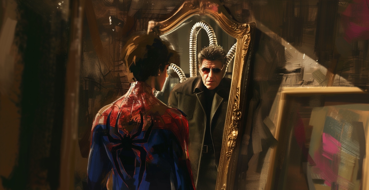 Spider-man is looking at a mirror, but the reflected image is Doctor Octopus