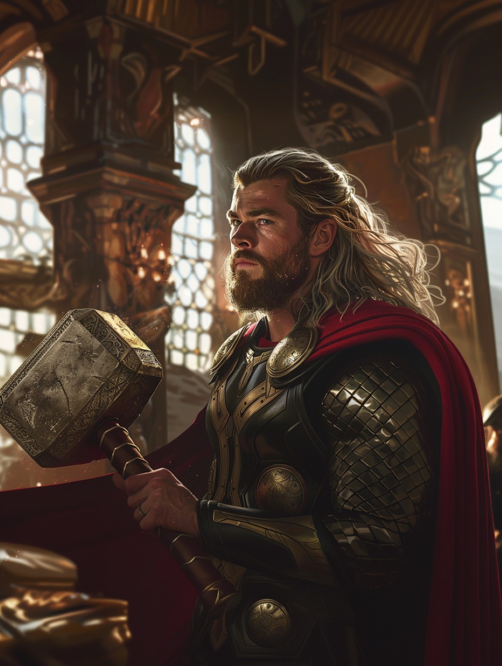Thor is holding a reforged Mjölnir