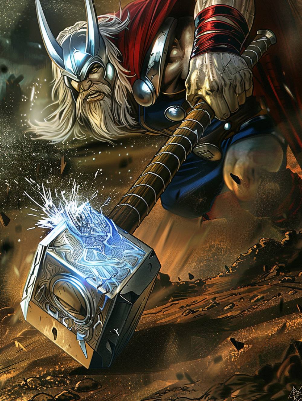 Thor is smashing Mjölnir on the ground to break it into pieces