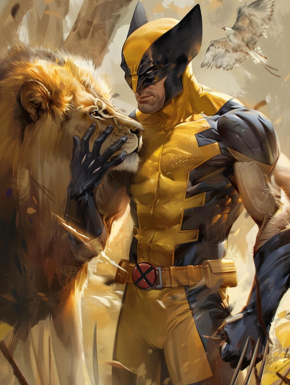 Wolverine stands next to a lion